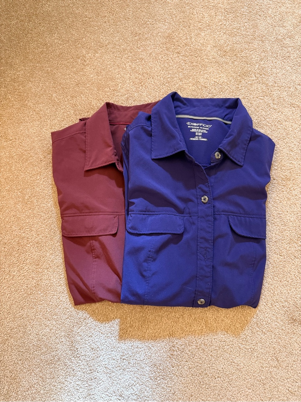 Set of two Exofficio Women's button down shirts, Burgundy and royal purple, xs